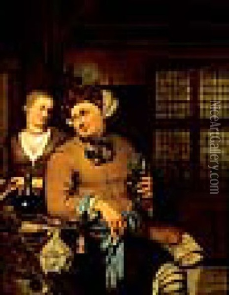 Paar Bei Einem Weinfass In Einem Interieur Oil Painting - Willem van Mieris
