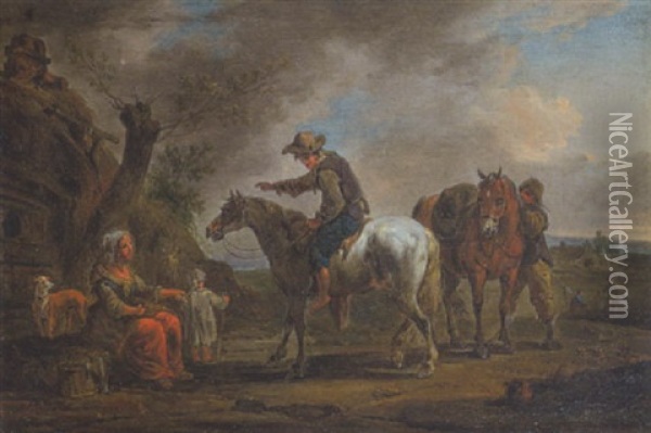 Zwei Reiter Und Eine Rastende Bauerin Mit Ihrem Kind Vor Einer Bauernkate Links Oil Painting - August Querfurt