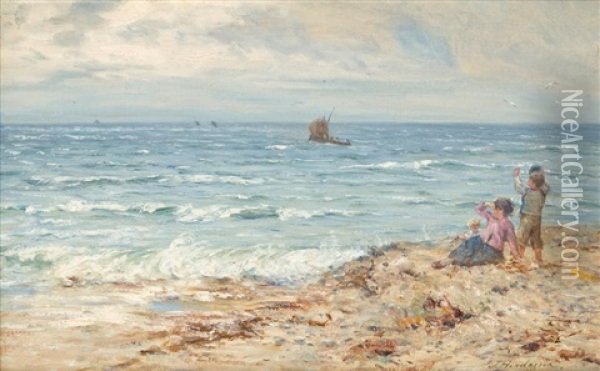 Children At The Seaside Oil Painting - John Henderson