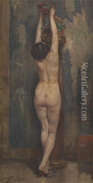 Jeune Femme Nue Au Chien De Fo Oil Painting - Jean Leon Henri Gouweloos
