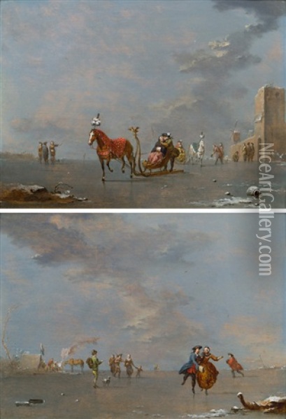 Pendants - Eislaufer Und Schlittenfahrt (2 Works) Oil Painting - Norbert Joseph Carl Grund