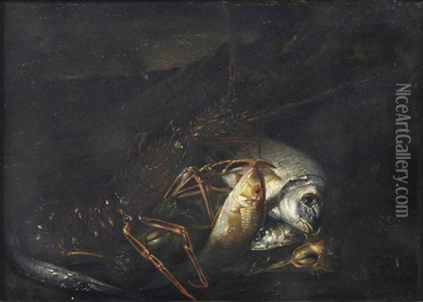 Lobster, Sardine And Dorado On A Bank Oil Painting - Giuseppe Recco