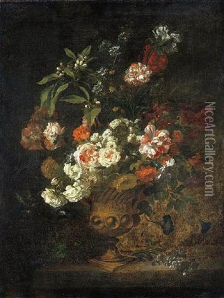 Peonies, Narcissi, Carnations And Other Flowers In An Urn On A Ledge Oil Painting - Jean-Baptiste Monnoyer