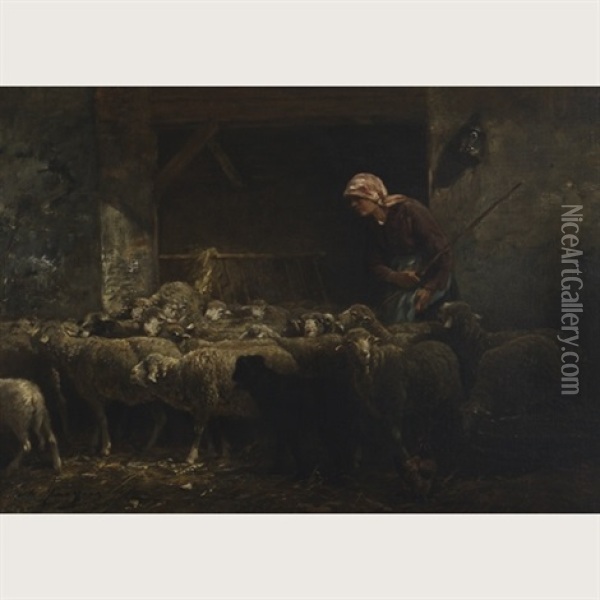 A Shepherdess And Flock In A Barn Interior Oil Painting - Charles Emile Jacque