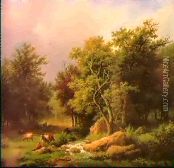 A Wooded Landscape With Herds And Cattle By A Stream Oil Painting - Barend Cornelis Koekkoek