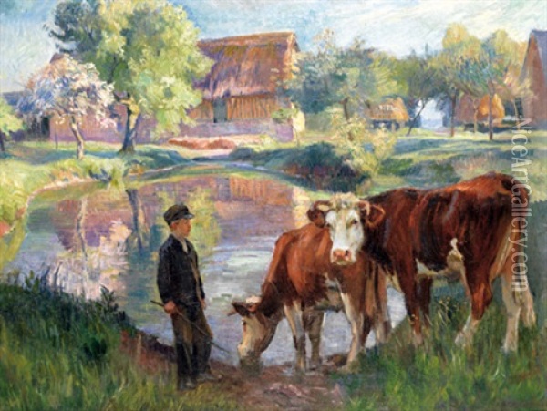 Vaches S'abreuvant Oil Painting - Raymond (Louis) le Court