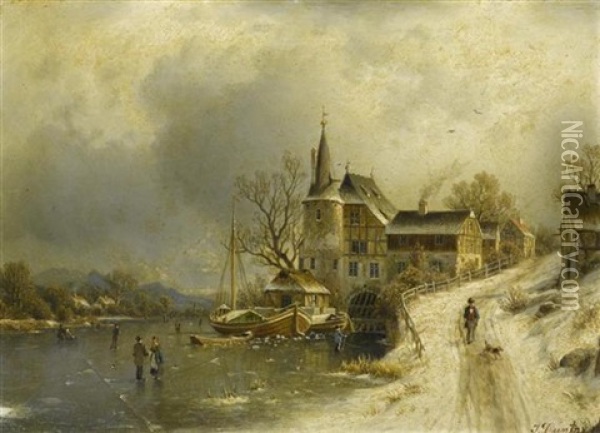Winterliche Landschaft Mit Schlittschuhlaufern Auf Gefrorenem See Oil Painting - Johannes Bartholomaeus Duntze