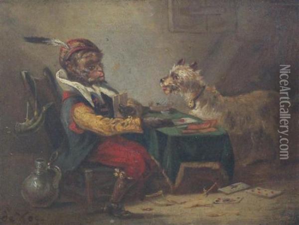 Monkeys And Dogs Playing Cards Oil Painting - Vincent de Vos