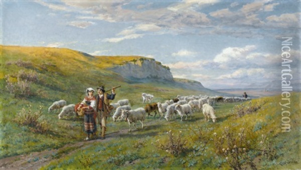 Schaferpaar Mit Herde In Der Romischen Campagna Oil Painting - Johann Zahnd