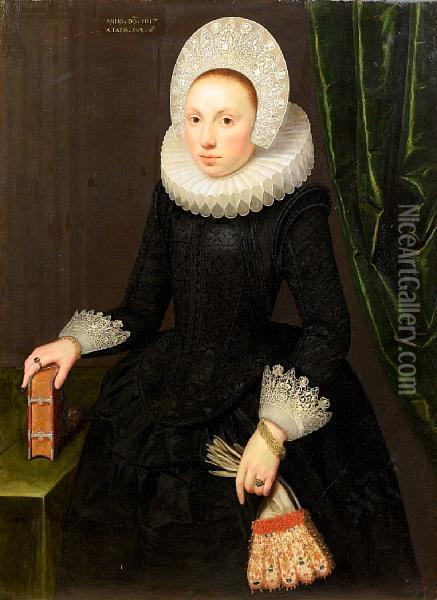 Portrait Of Susan Hoste, Three-quarter-length, In Black Costume With A White Ruff And A Lace Cap, Holding Gloves And Standing Before A Green Curtain Oil Painting - Gortzius Geldorp