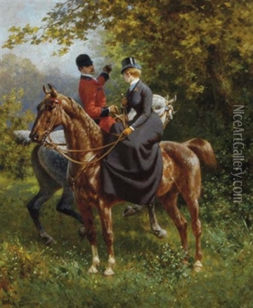 Amazone Et Cavalier A La Chasse Oil Painting - Jules Didier