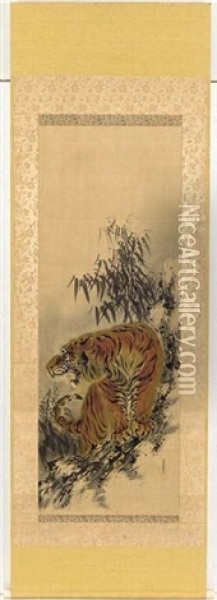 Tiger And Bamboo Oil Painting - Yamada Kaido