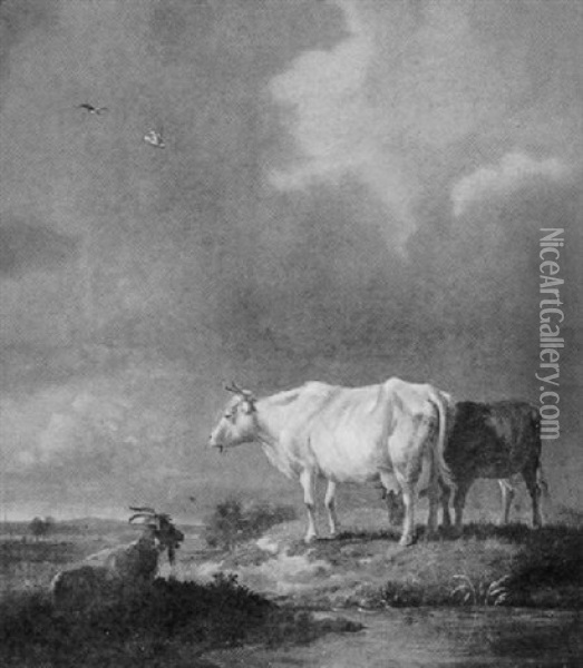 Zwei Kuhe Und Ziegenbock Am Wasser Oil Painting - Balthasar Paul Ommeganck