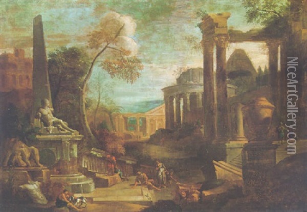 Architectural Capriccio With Figures Oil Painting - Marco Ricci