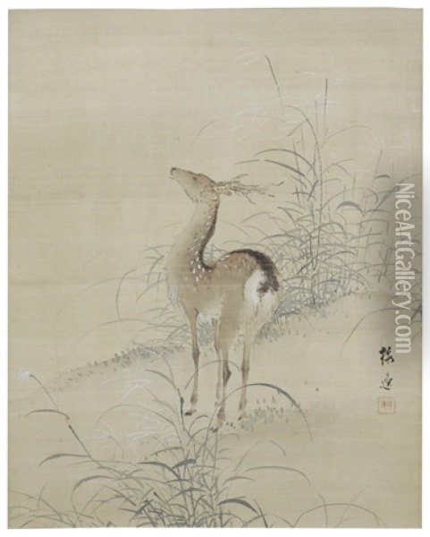 Deer And Grasses Oil Painting - Yamamoto Baiitsu