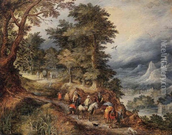 A Mountainous Landscape With Travellers On A Path Oil Painting - Jan Brueghel the Elder