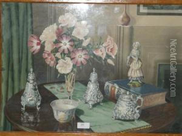 Stilllife Of Flowers And Silver Oil Painting - William Walcott British