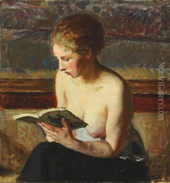 A Lightly Dressed Woman Reading Oil Painting - Georg Sofus Seligmann