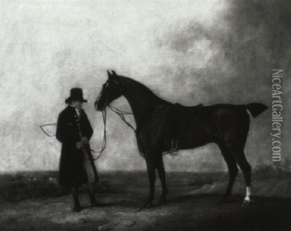 Bay Hunter And A Groom In A Landscape Oil Painting - Henry Bernard Chalon