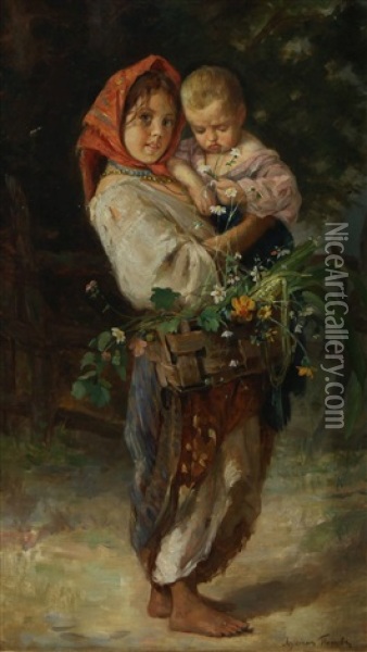 Peasant Children Oil Painting - Lukian Vasilievich Popov