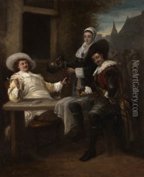 Hombres Jugando A Naipes Y Bebiendo Oil Painting - Jose Morillo Ferradas