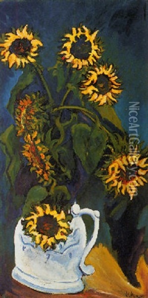Sonnenblumen In Weisem Krug Oil Painting - Heinrich Nauen