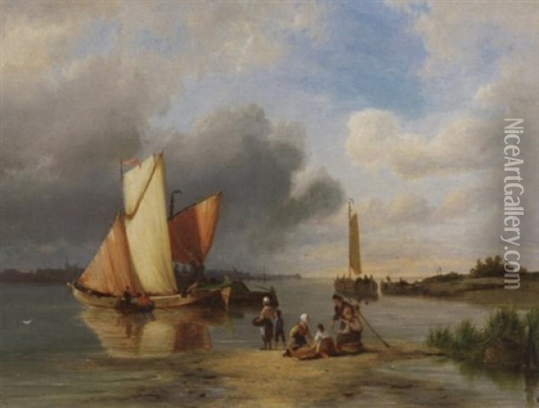 An Der Kuste Auf Der Insel Marken Am Ijsselmeer. Fischerfamilien Beim Anlanden Oil Painting - Pieter Cornelis Dommershuijzen