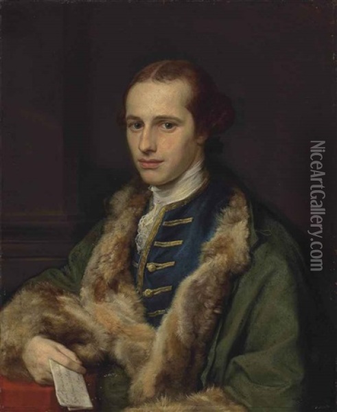 Portrait Of The Rev. Thomas Kerrich (1748-1828), In An Embroidered Blue Waistcoat And Fur-lined Green Coat, Holding A Letter In His Right Hand... Oil Painting - Pompeo Girolamo Batoni