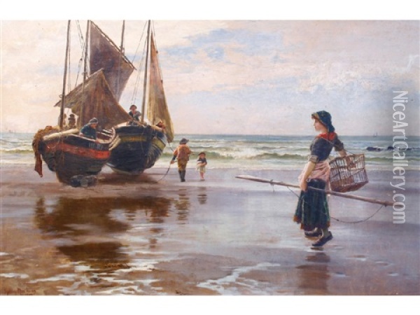 A Girl With A Fishing Net Beside Boats On A Shoreline Oil Painting - Francis Sydney Muschamp