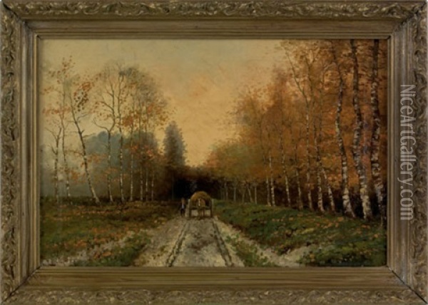 Wooded Landscape With A Man Beside A Horsedrawn Cart Oil Painting - Louis Apol