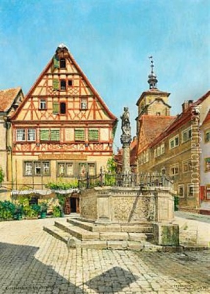 Kapellenplatz In Rothenburg With The Wine Cellar Weinkeller Meistertrunk Oil Painting - Josef Theodor Hansen