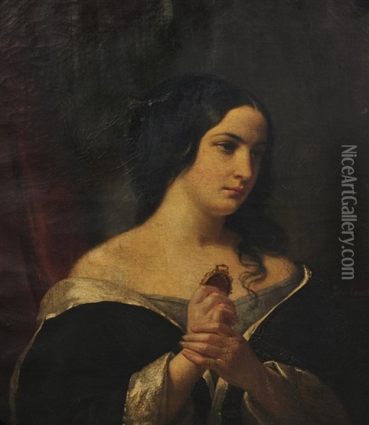 Portrait De Femme Tenant Un Medaillon Oil Painting - Jules (Jean-Francois-Hyacinthe) Laure