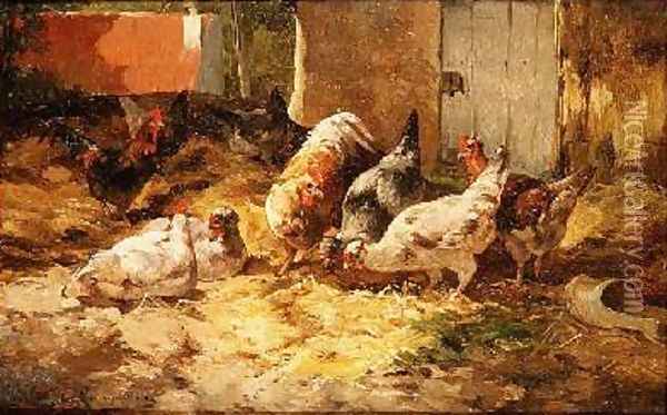 Chickens in a Barn Oil Painting - Cornelius van Leeputten
