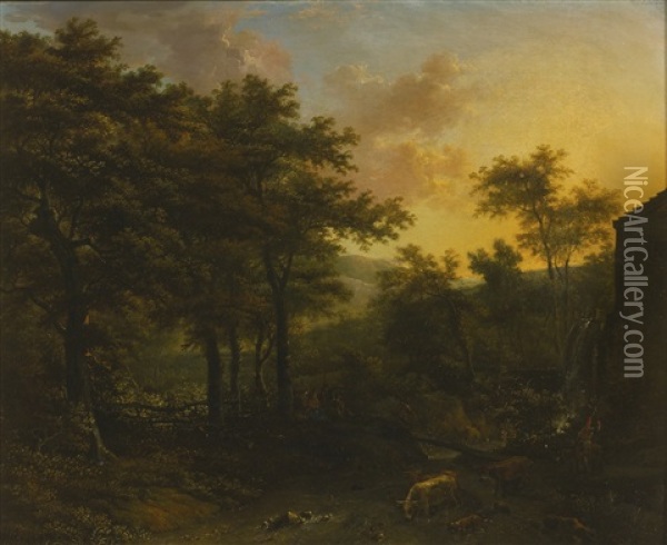 Wooded Landscape With Animals Near A Mill Oil Painting - Adriaen Hendricksz. Verboom