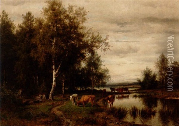 Pastoralt Landskap Med Kor Vid Vattendrag Oil Painting - Edward (Johan-Edvard) Bergh