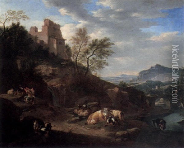 A Southern River Landscape With Children, Cattle, Sheep And Goats Oil Painting - Johann Heinrich Roos