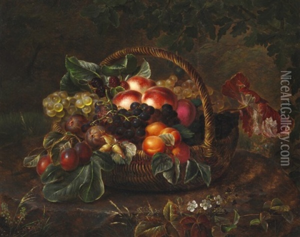 Still Life With Peaches, Figs And Grapes In A Basket Oil Painting - Johan Laurentz Jensen