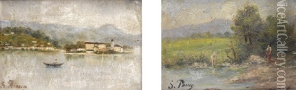 Paesaggio Lacustre (+ Contadina Sull'argine Del Fiume; Pair) Oil Painting - Silvio Poma