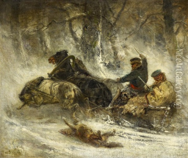 Wolfsjagd Im Winter Oil Painting - Adolf Schreyer