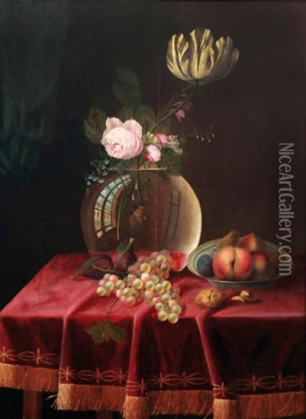 Nature Morte Au Bouquet De Fleurs Et A La Coupe De Fruits Dispose Sur Un Entablement Oil Painting - Louis Vidal