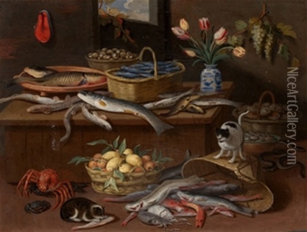Bodegon De Pescado, Frutas, Flores Y Gato Oil Painting - Jan van Kessel the Elder