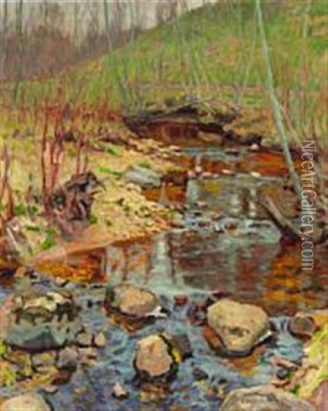 Serpentine Stream In A Russian Spring Forest Oil Painting - Nikolai Petrovich Bogdanov-Bel'sky