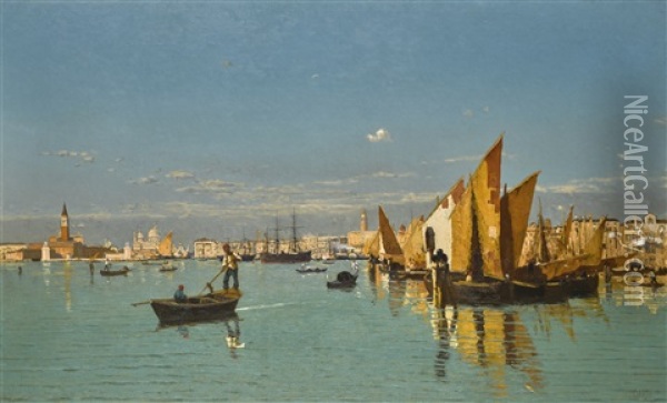A View Of St Marks Basin With The Punta Della Dogana Oil Painting - Guglielmo Ciardi