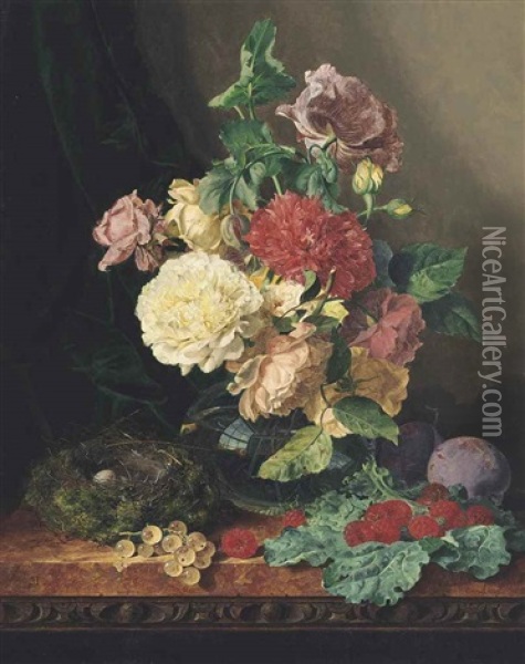 Carnations And Roses In A Glass Vase On A Ledge With Plums, Raspberries, Gooseberries, And A Birds Nest With Eggs Oil Painting - Edward Ladell