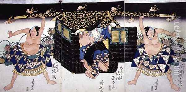 A Scene from the 4th act of a kabuki play, Ashiya doman ouchi kagami, 1830 Oil Painting - Shigeharu