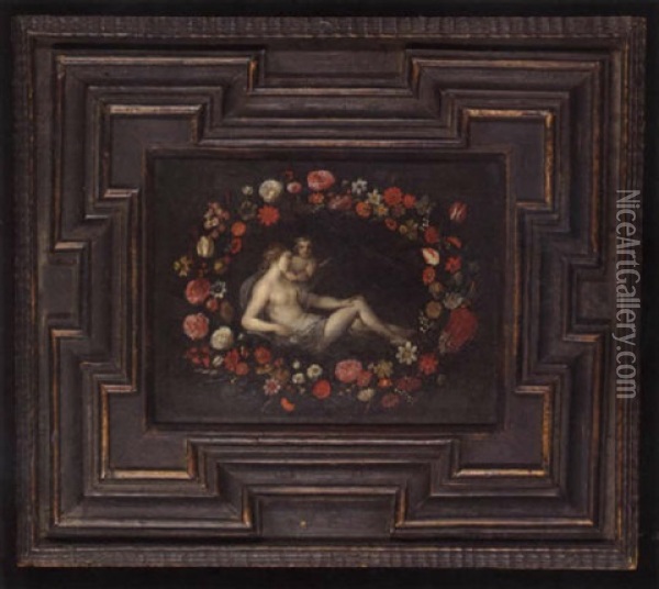 Venus And Cupid Within A Floral Garland Oil Painting - Pier Francesco Cittadini