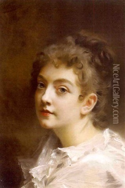 A Portrait Of A Girl In White Oil Painting - Gustave Jean Jacquet