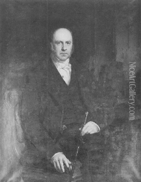 Portrait Of Dr. Montgomery In His Study, Wearing A Dark Coat And Holding A Cane In His Left Hand Oil Painting - John Prescott Knight