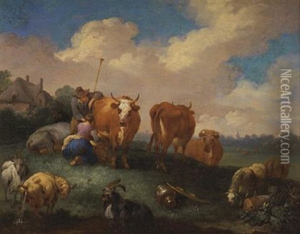 A Milkmaid With A Drover And Cattle In A Landscape Oil Painting - Pieter Bout