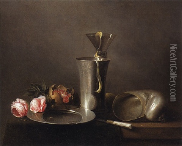A Still Life With Roses, A Nautilus Shell, A Beaker And A Roemer With A Peeled Lemon And A Pomegranate On A Partially Draped Table Oil Painting - David Davidsz. de Heem the Younger